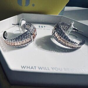 "GLEAMING ASPIRATIONS" SMOKEY TOPAZ HOOP EARINGS WITH RHODIUM PLATING